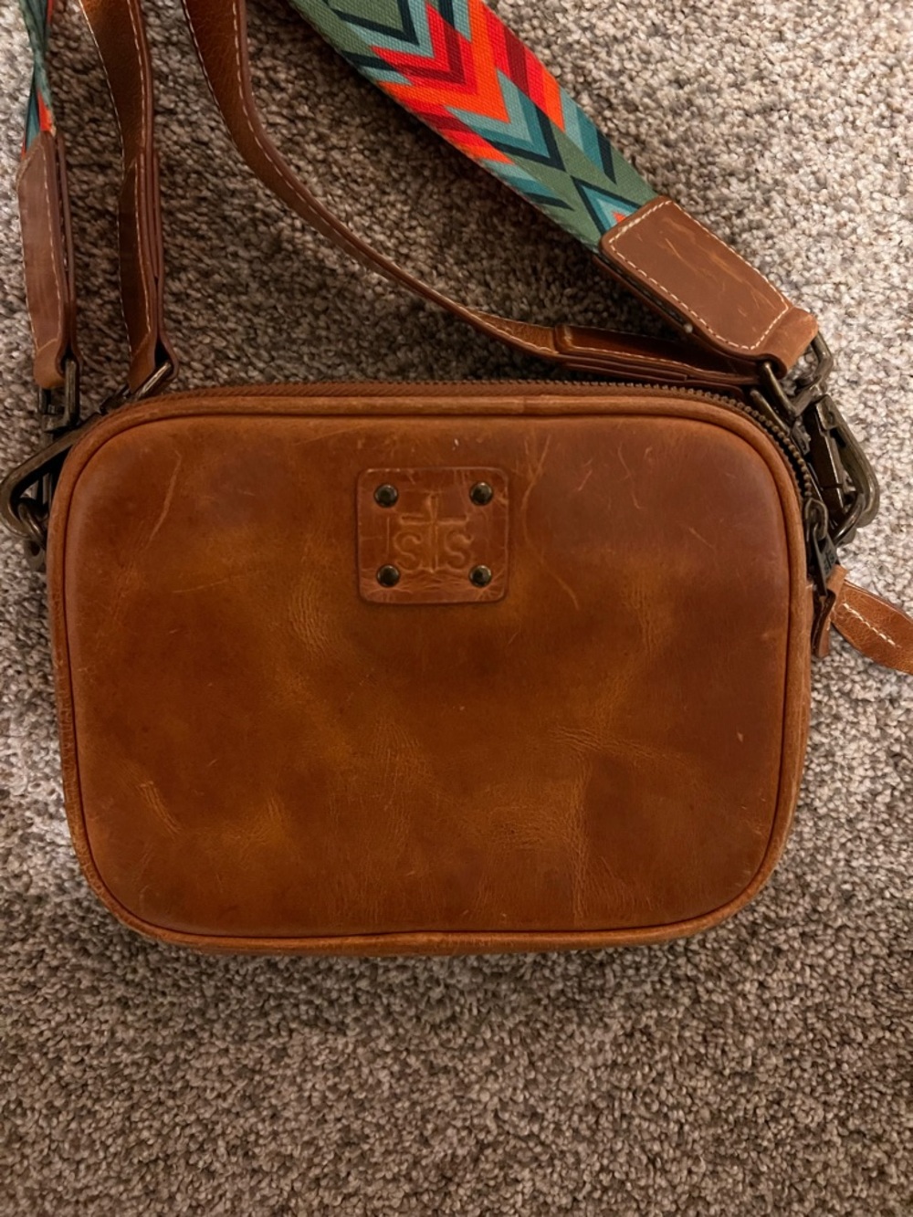 Leather Crossbody Bag with Colorful Aztec Strap - Brown - Picture 7 of 7